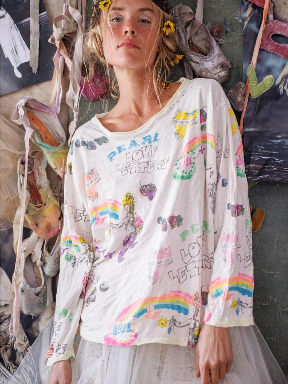 Magnolia Pearl White Long Sleeve Graphic Tee with Rainbow Prints